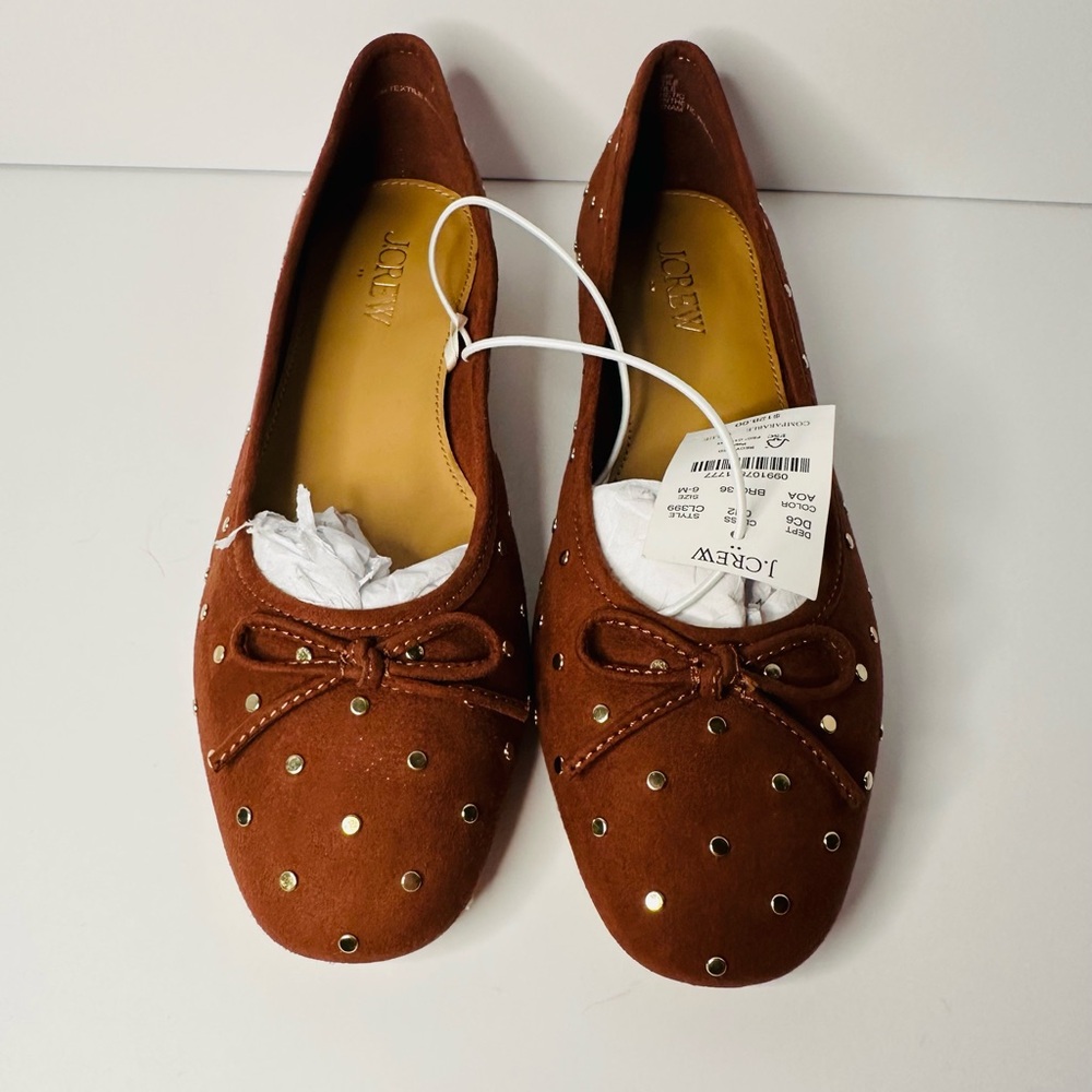 J.Crew Studded Suede Ballet Flats Size 6 Brown Bow Gold Studs NWT - Picture 3 of 6